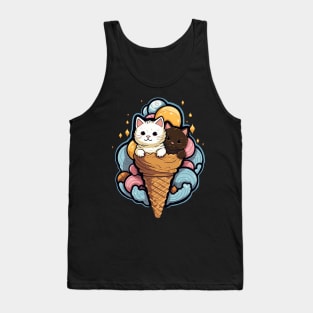 Pink & Blue Cat Ice-Cream Delight: Doodle Art Flat Color Tank Top